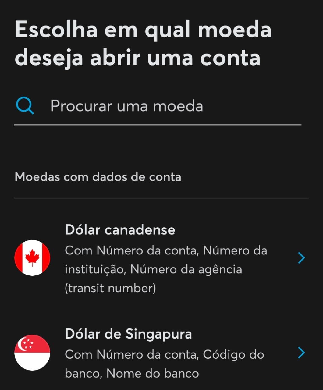 Cartões e contas internacionais